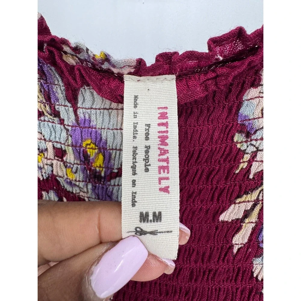 Free People Garden Party Maxi Dress Women M Burgundy Floral Smocked Boho Cottage